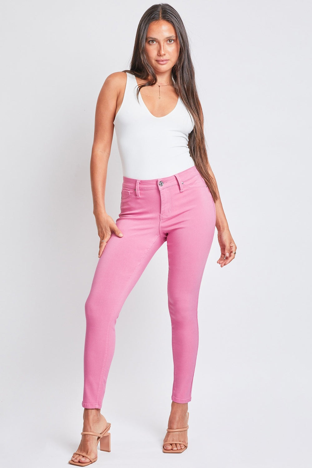 Morgan Hyperstretch Mid-Rise Skinny Pants in Flaming Flamingo