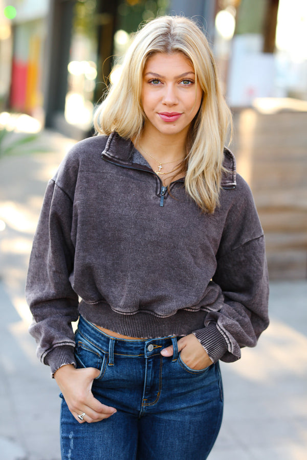 Mellow Mood Half Zip Cropped Pullover Sweater-Mocha