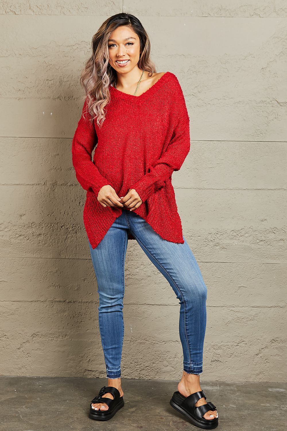 A Little Cozy Draped Detail Knit Sweater-Red Red Sweaters by Vim&Vigor | Vim&Vigor Boutique