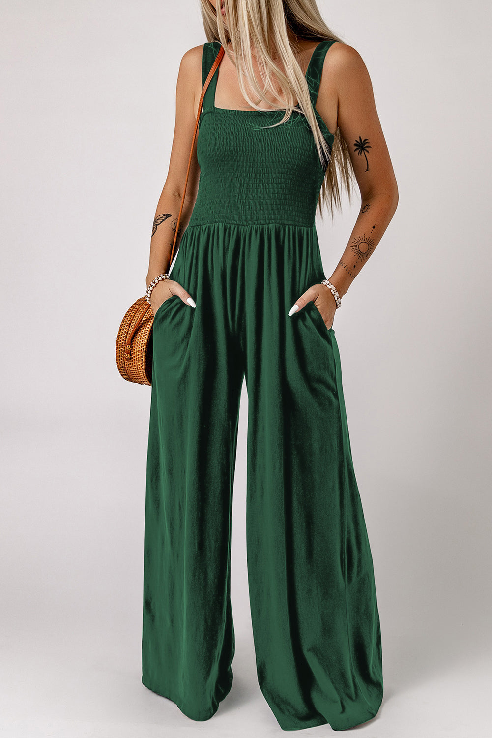 Bold & Beautiful Smocked Wide Leg Jumpsuit Green S Jumpsuits by Vim&Vigor | Vim&Vigor Boutique