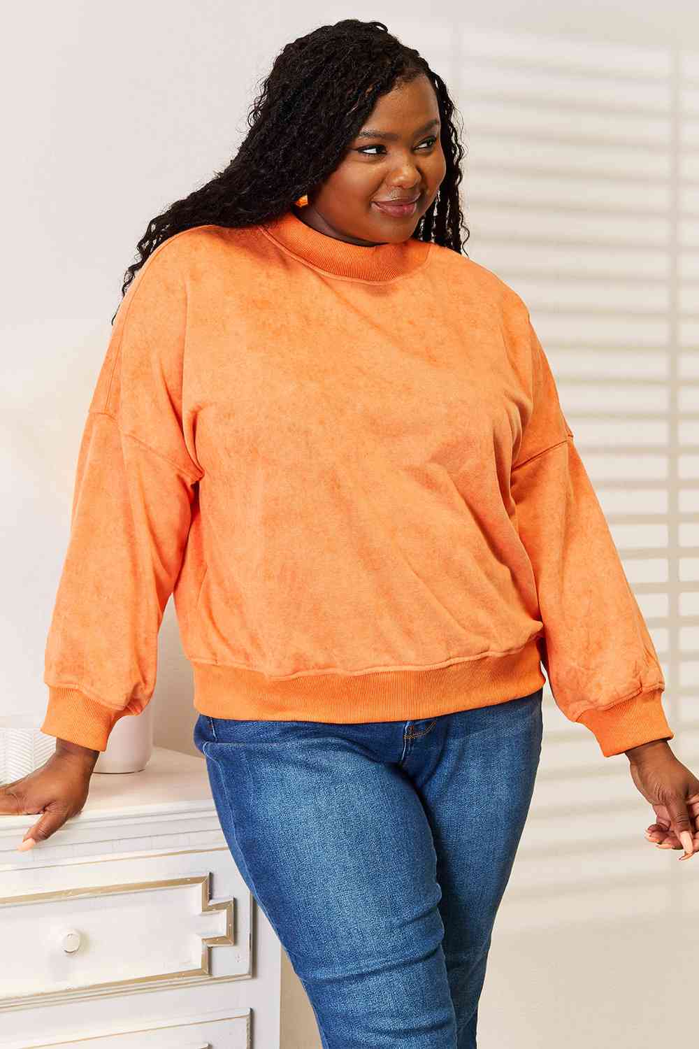 Comfy Living Round Neck Dropped Shoulder Sweatshirt Pumpkin Sweatshirts by Vim&Vigor | Vim&Vigor Boutique