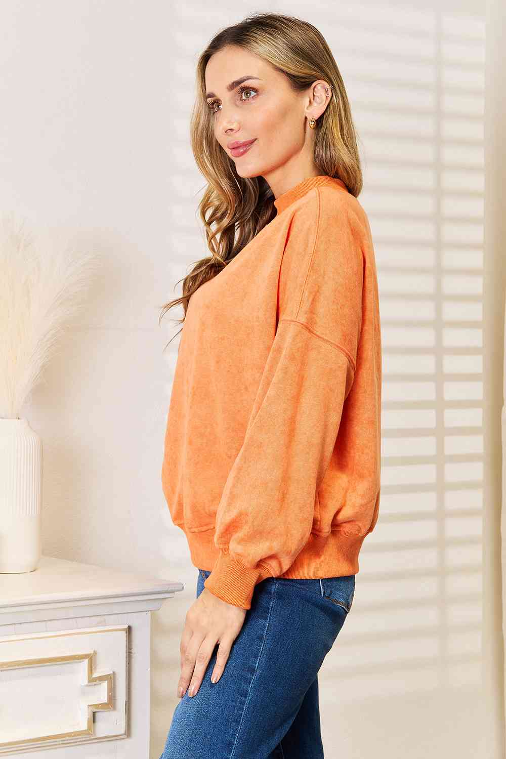 Comfy Living Round Neck Dropped Shoulder Sweatshirt Pumpkin Sweatshirts by Vim&Vigor | Vim&Vigor Boutique