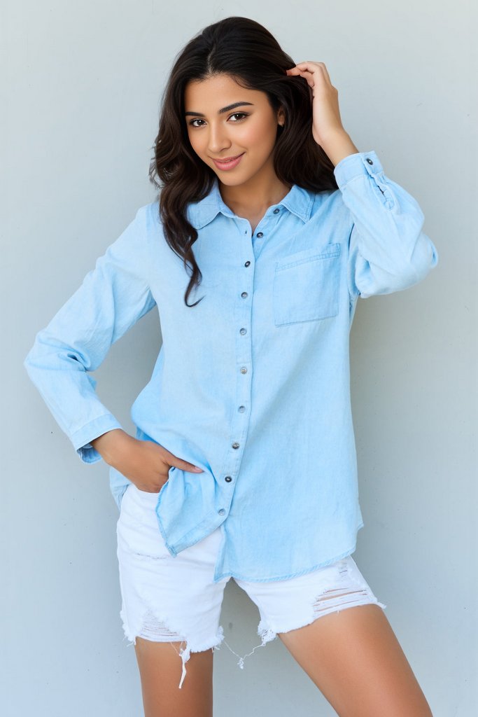 Eclectic Denim Button Down Shirt Top-Light Blue Light Blue Long Sleeve Tops by Vim&Vigor | Vim&Vigor Boutique