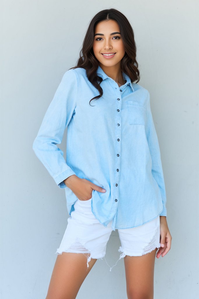 Eclectic Denim Button Down Shirt Top-Light Blue Light Blue Long Sleeve Tops by Vim&Vigor | Vim&Vigor Boutique