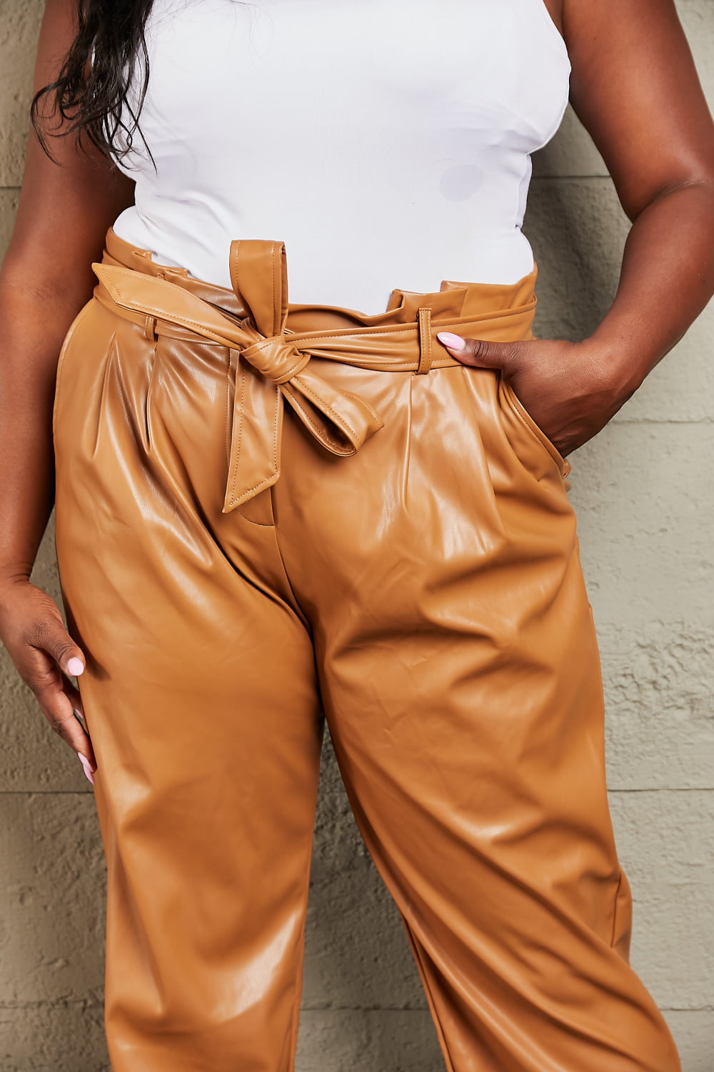 Flaunt Your Stuff Faux Leather Paperbag Waist Pants Ochre Faux Leather Pants by Vim&Vigor | Vim&Vigor Boutique