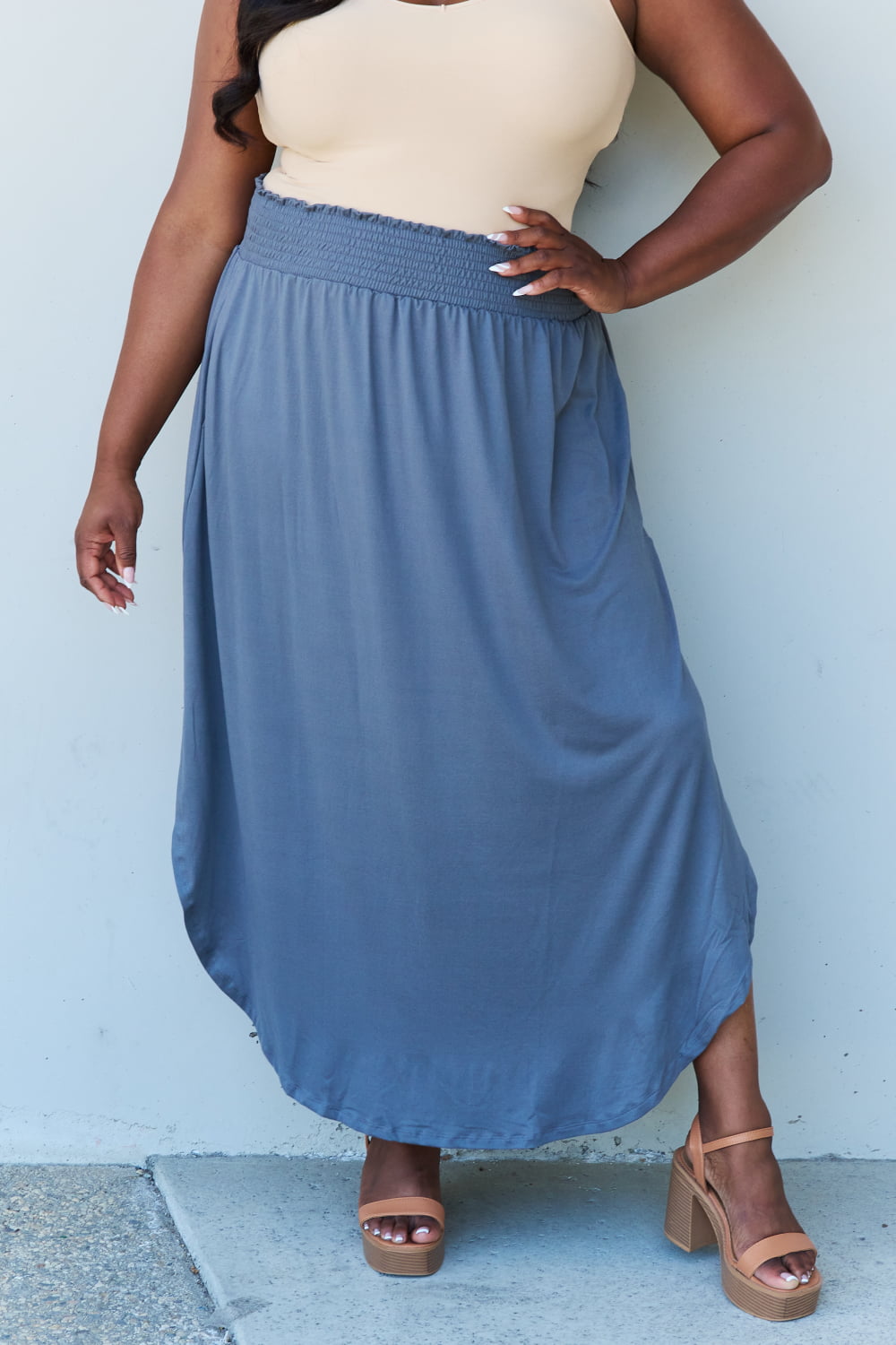 Flirty Fling High Waist Scoop Hem Maxi Skirt-Dusty Blue Dusty Blue Maxi Skirts by Vim&Vigor | Vim&Vigor Boutique