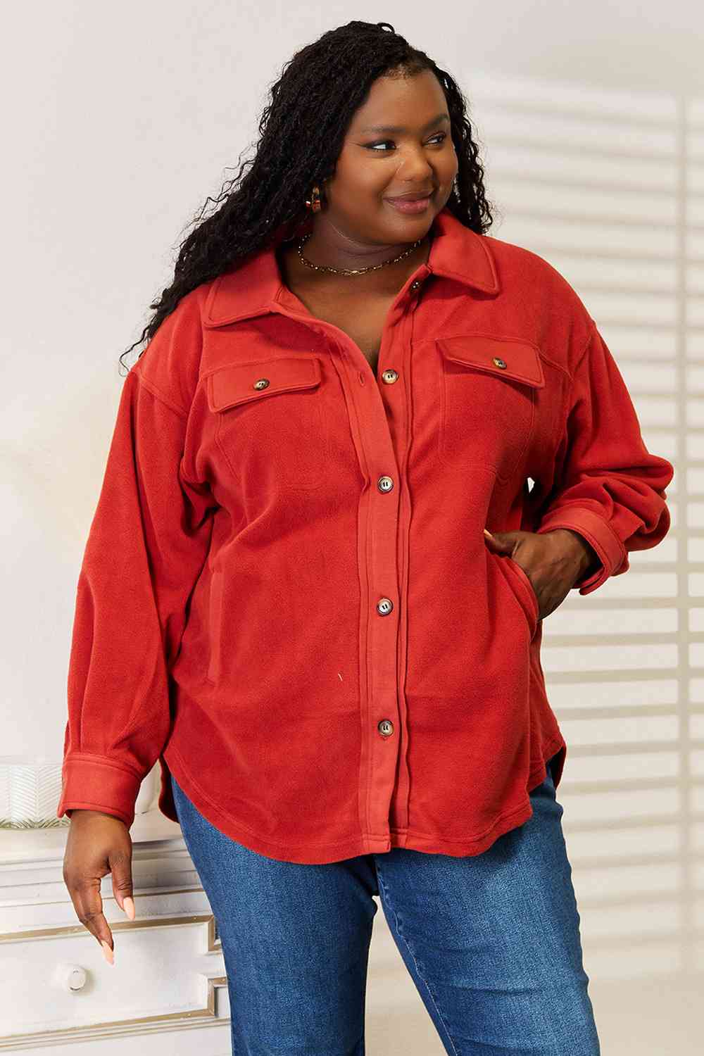 Heimish Cozy Girl Full Size Button Down Shacket Rust Shackets by Vim&Vigor | Vim&Vigor Boutique
