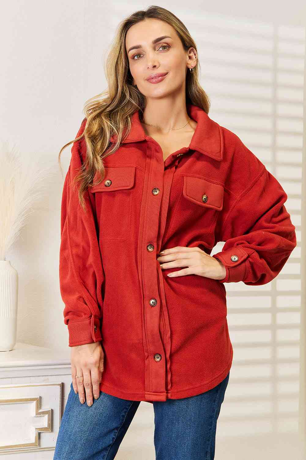 Heimish Cozy Girl Full Size Button Down Shacket Rust Shackets by Vim&Vigor | Vim&Vigor Boutique