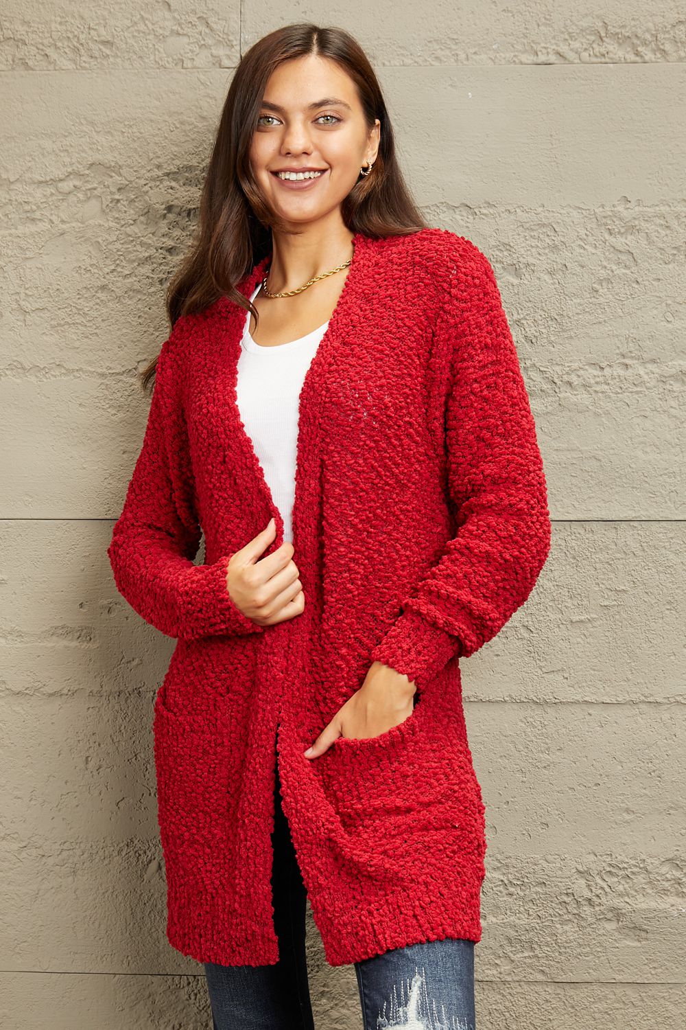 I Fell For You Open Front Popcorn Cardigan-Red Red Popcorn Cardigan by Vim&Vigor | Vim&Vigor Boutique
