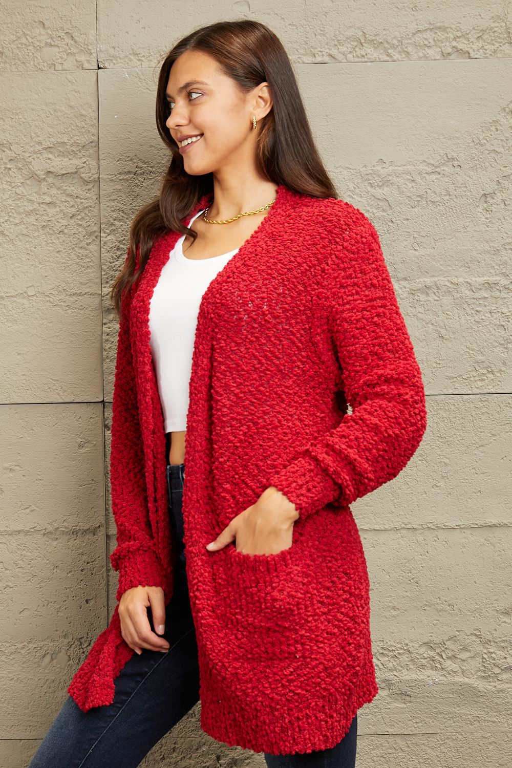 I Fell For You Open Front Popcorn Cardigan-Red Red Popcorn Cardigan by Vim&Vigor | Vim&Vigor Boutique