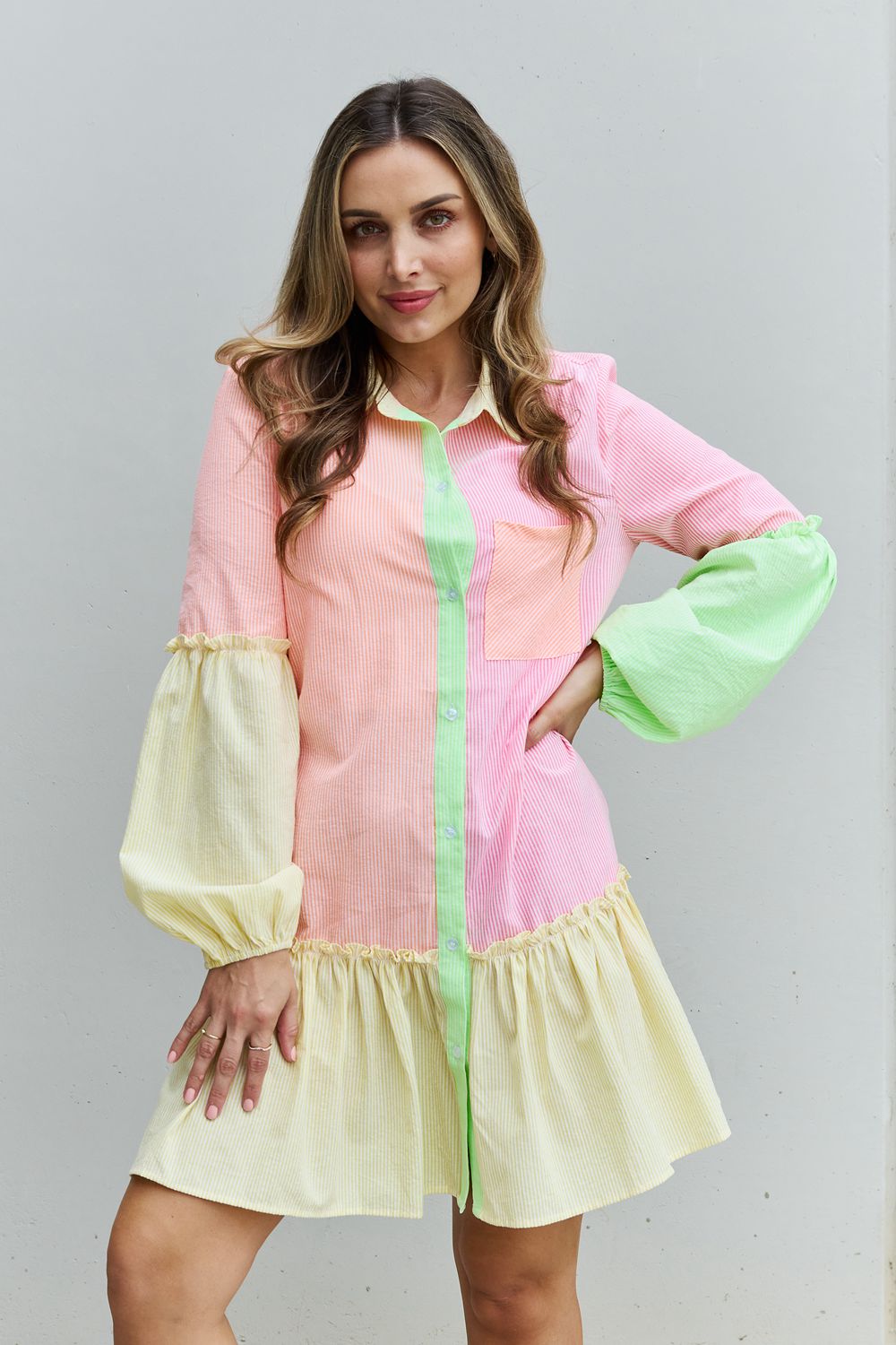 In Living Color Colorblock Long Sleeve Shirt Dress Pink Mini Dresses by Vim&Vigor | Vim&Vigor Boutique