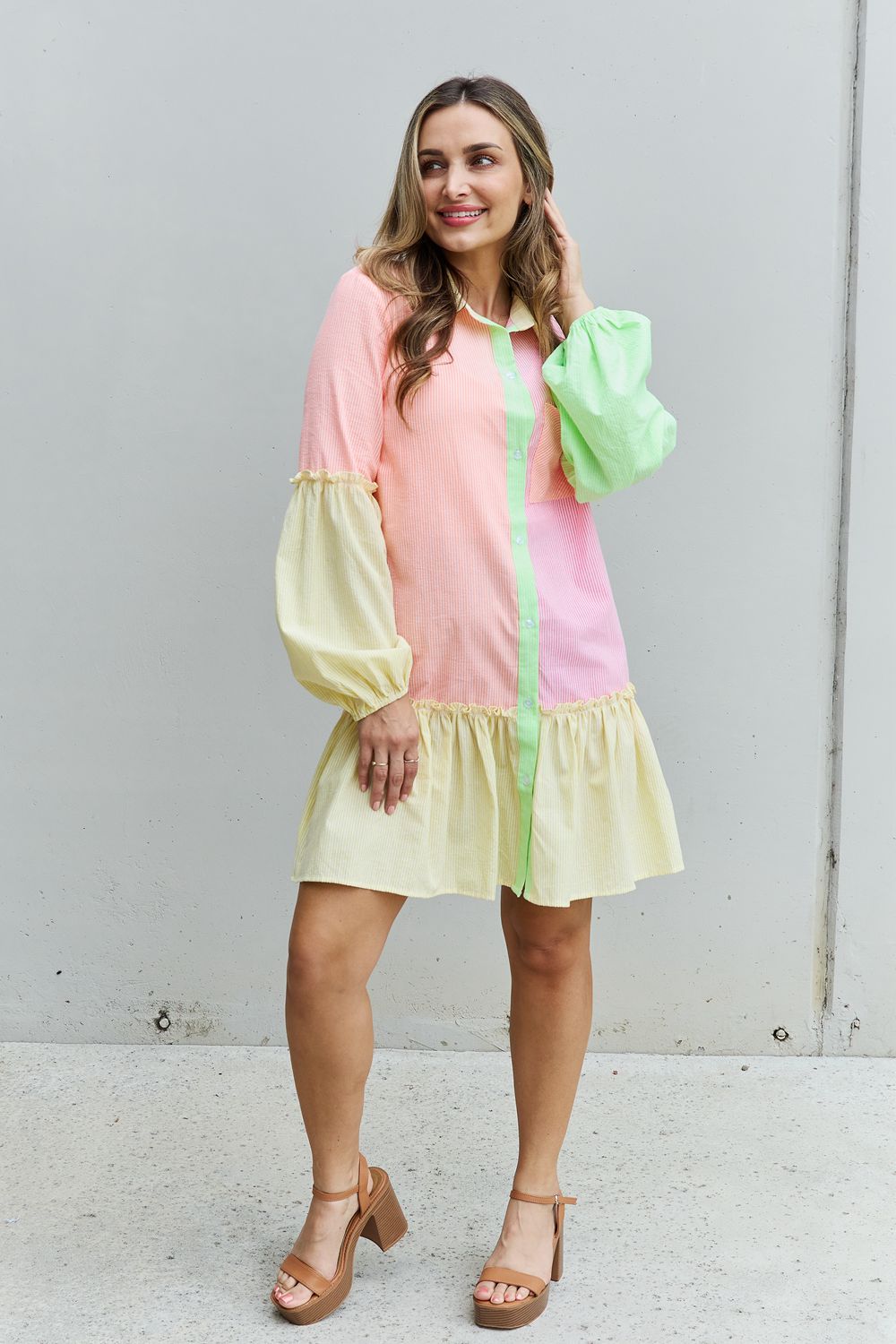 In Living Color Colorblock Long Sleeve Shirt Dress Pink Mini Dresses by Vim&Vigor | Vim&Vigor Boutique