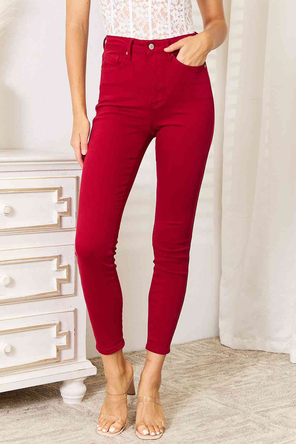Judy Blue Scarlet High Waist Tummy Control Skinny Jeans Red High Waist Tummy Control Jeans by Vim&Vigor | Vim&Vigor Boutique
