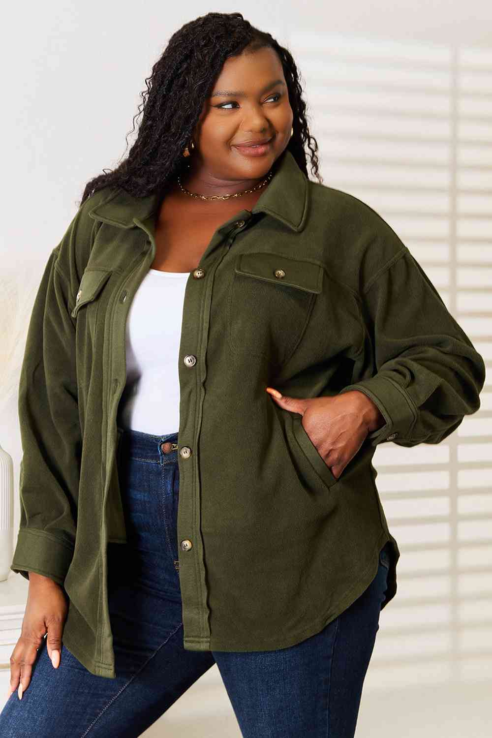 Keeping It Cozy Button Down Shacket-Army Green Army Green Shackets by Vim&Vigor | Vim&Vigor Boutique