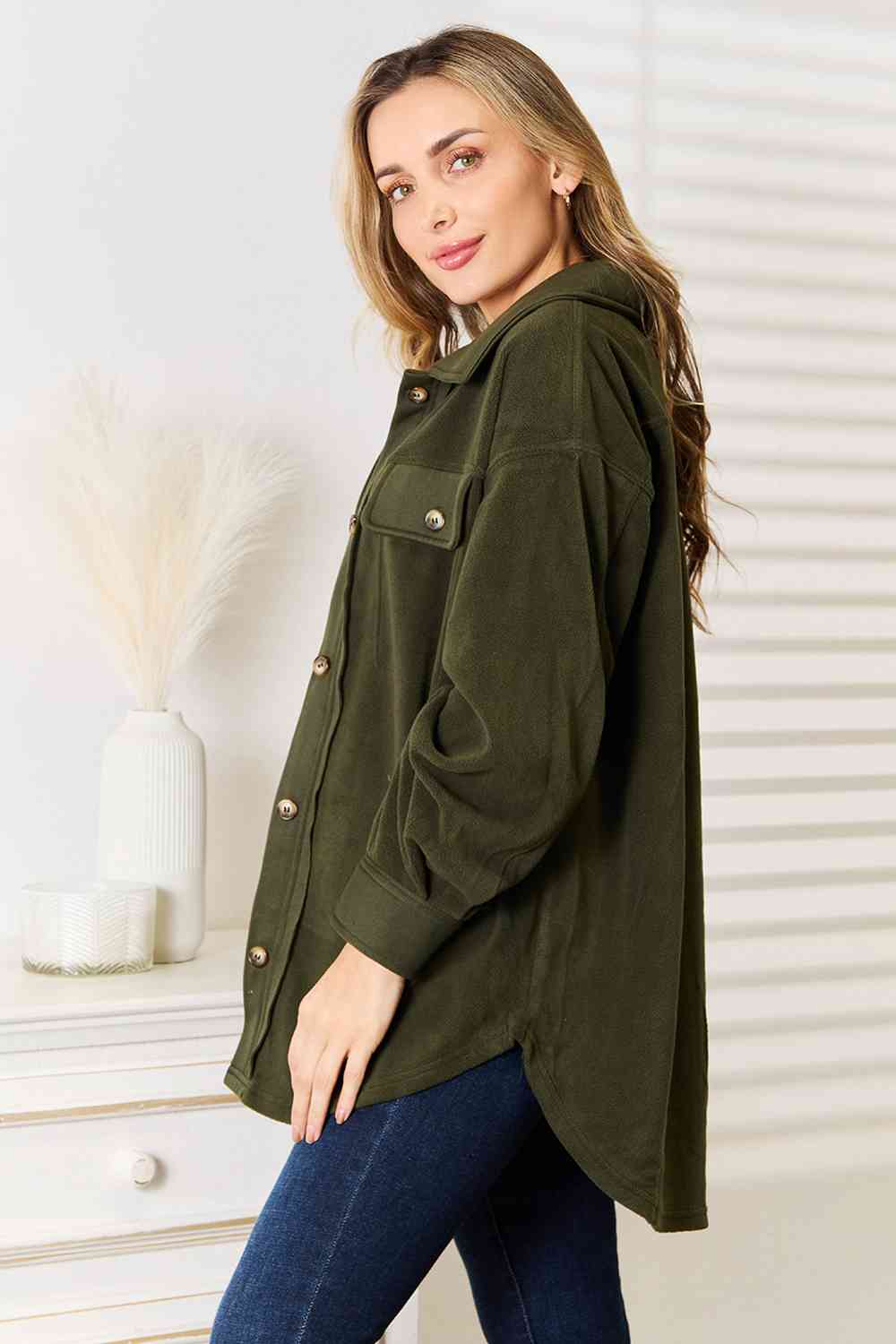 Keeping It Cozy Button Down Shacket-Army Green Army Green Shackets by Vim&Vigor | Vim&Vigor Boutique