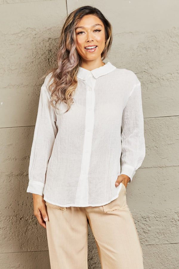 Lets Go Out Lightweight Button Down Top White Long Sleeve Top by Vim&Vigor | Vim&Vigor Boutique