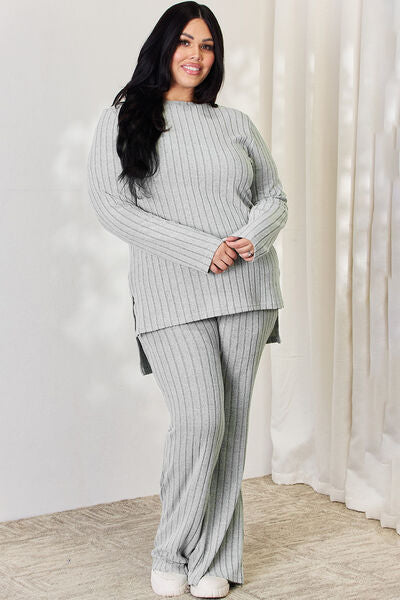 Lounging Vibes Ribbed High-Low Top and Wide Leg Pants Set Ribbed Wide Leg Pants Set by Vim&Vigor | Vim&Vigor Boutique