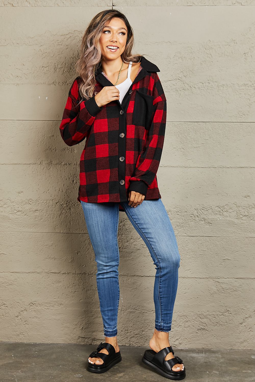 Make A Go For It Contrast Plaid Shacket Red Plaid Plaid Shacket by Vim&Vigor | Vim&Vigor Boutique