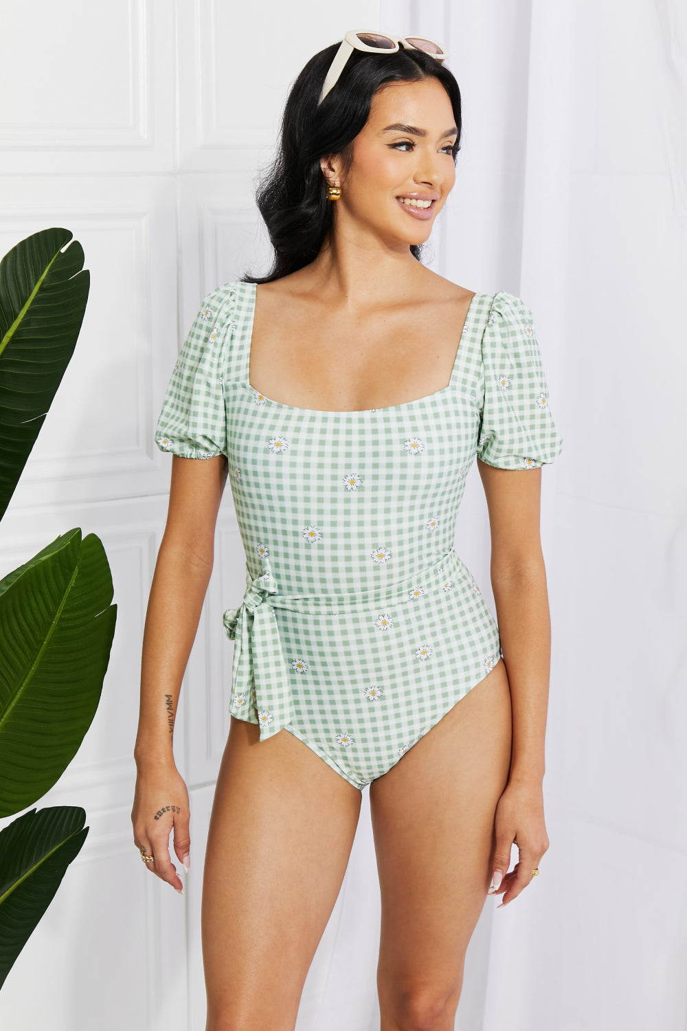 Marina West Swim Salty Air Puff Sleeve One-Piece in Sage Gum Leaf S Swimwear by Vim&Vigor | Vim&Vigor Boutique