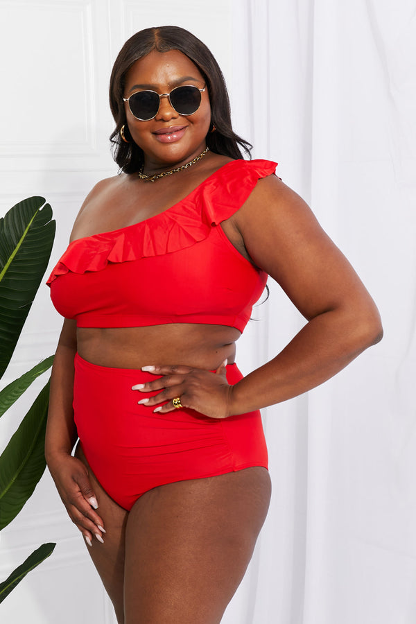 Marina West Swim Seaside Romance Ruffle One-Shoulder Bikini in Red Scarlett S Swimwear by Vim&Vigor | Vim&Vigor Boutique