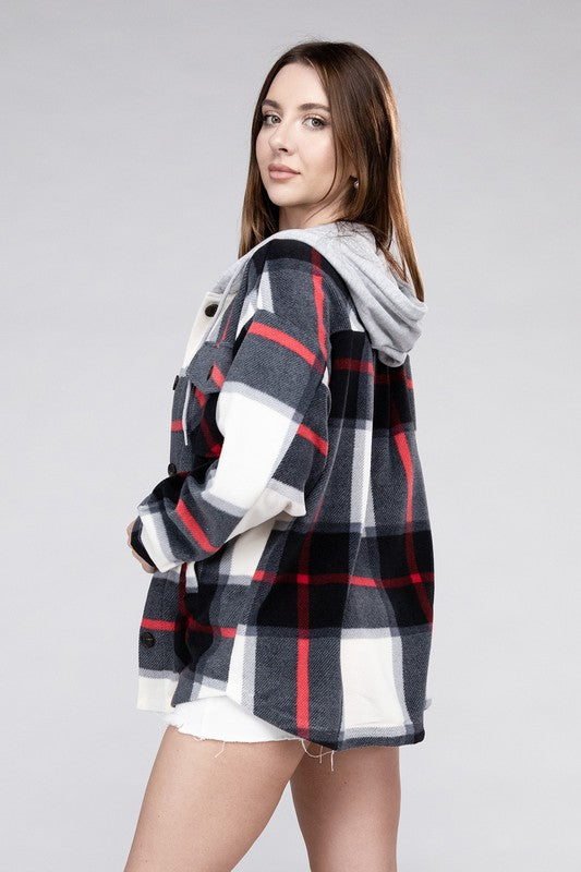 My Go To Plaid Drawstring Hooded Fleece Shacket Fleece Hooded Shacket by Vim&Vigor | Vim&Vigor Boutique