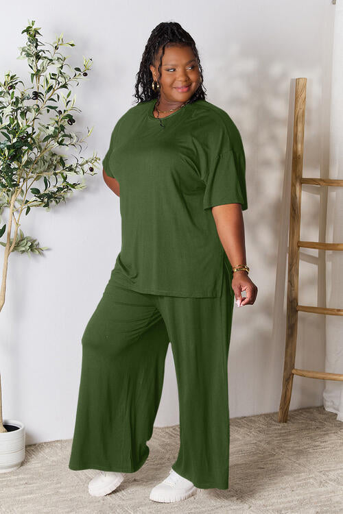 No Mistake Round Neck Slit Top and Pants Set Army Green S Pants Set by Vim&Vigor | Vim&Vigor Boutique