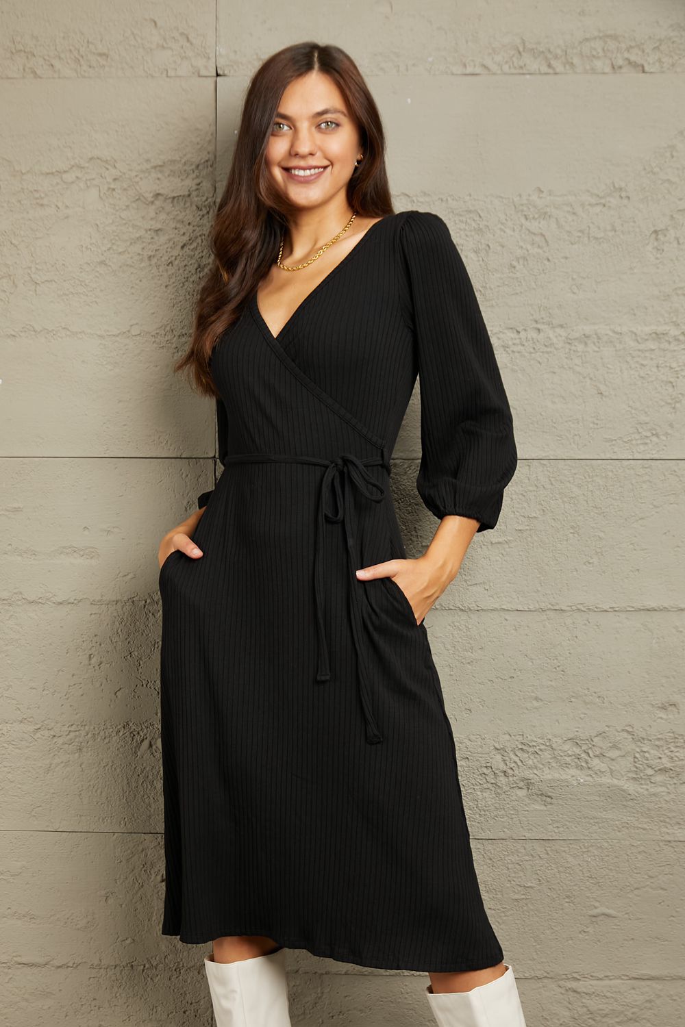 No Way Around It Surplice Flare Ruching Dress-Black Black Wrap Knee Knee Length Dress by Vim&Vigor | Vim&Vigor Boutique