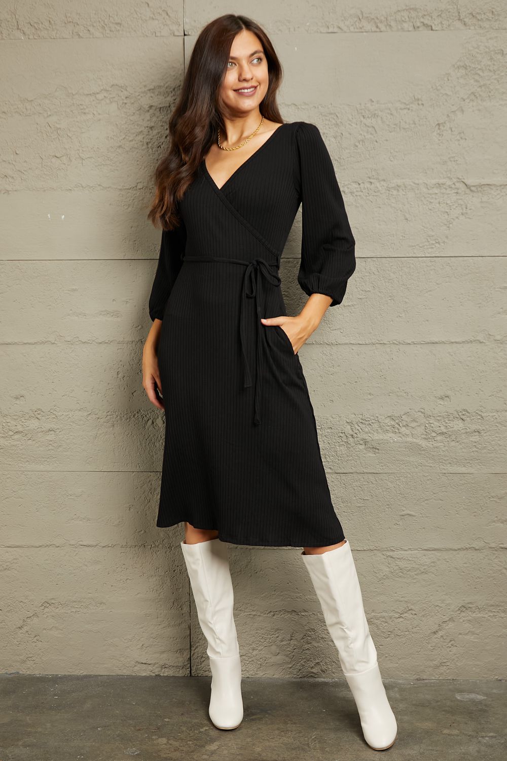No Way Around It Surplice Flare Ruching Dress-Black Black Wrap Knee Knee Length Dress by Vim&Vigor | Vim&Vigor Boutique