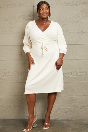 No Way Around It Surplice Flare Ruching Dress-Ivory Ivory Wrap Style Knee Length Dress by Vim&Vigor | Vim&Vigor Boutique