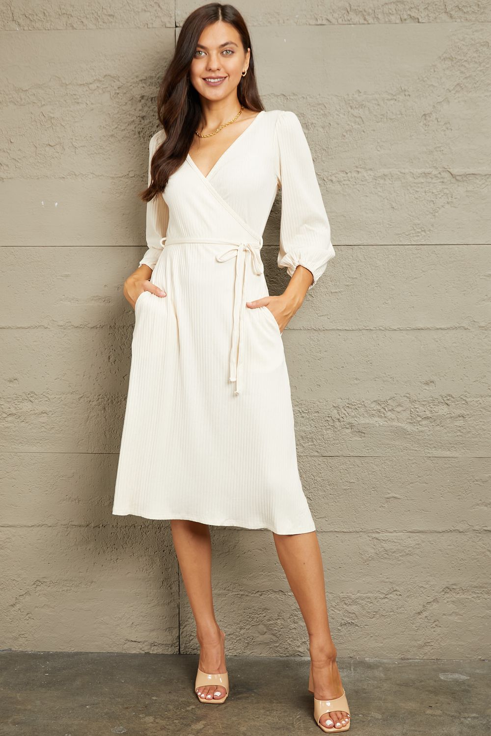 No Way Around It Surplice Flare Ruching Dress-Ivory Ivory Wrap Style Knee Length Dress by Vim&Vigor | Vim&Vigor Boutique