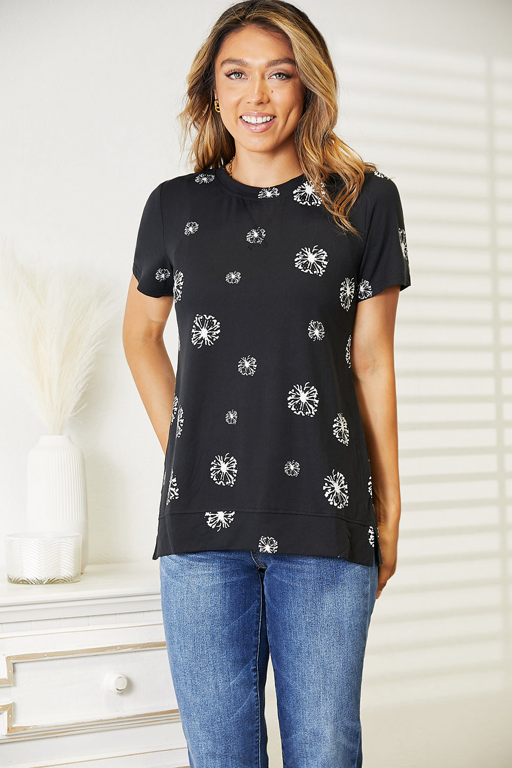 One On One Dandelion Print Round Neck T-Shirt Black Dandelion Printe T-Shirt by Vim&Vigor | Vim&Vigor Boutique