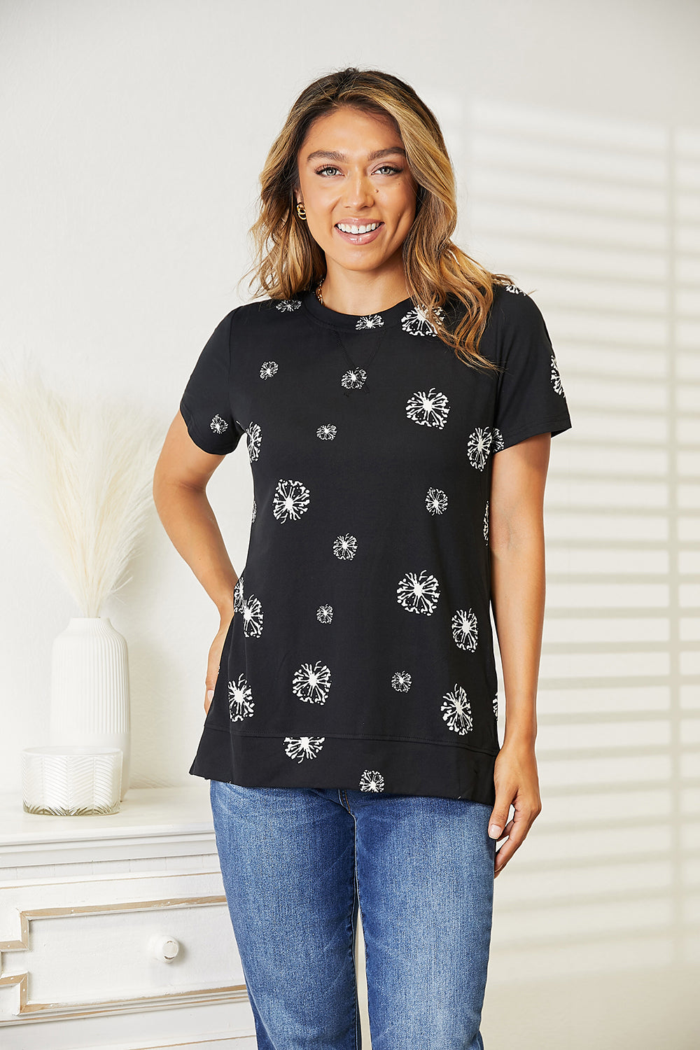 One On One Dandelion Print Round Neck T-Shirt Black Dandelion Printe T-Shirt by Vim&Vigor | Vim&Vigor Boutique