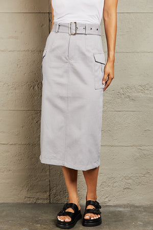Sassy Professional Buckled Midi Skirt-Light Grey Light Gray Midi Skirts by Vim&Vigor | Vim&Vigor Boutique