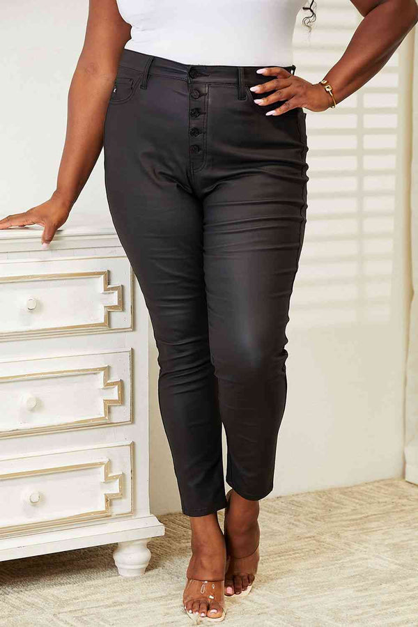 Some Like It Hot High Rise Black Coated Ankle Skinny Jeans Black 0(23) High-waisted Coated Skinny Ankle Jeans by Vim&Vigor | Vim&Vigor Boutique