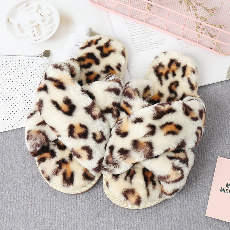 Step Into Comfort Faux Fur Crisscross Strap Slippers Leopard/Cream S Faux Fur Slippers by Vim&Vigor | Vim&Vigor Boutique