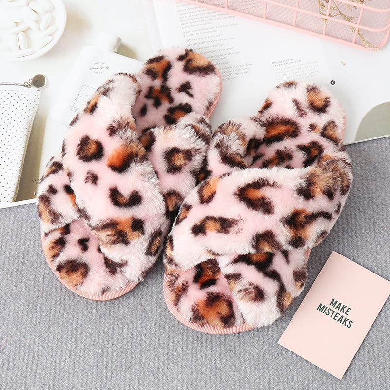 Step Into Comfort Faux Fur Crisscross Strap Slippers Leopard/Pink S Faux Fur Slippers by Vim&Vigor | Vim&Vigor Boutique