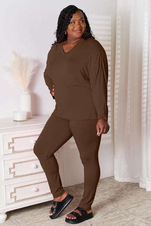 Everyday Comfort V-Neck Long Sleeve Top and Pants Lounge Set
