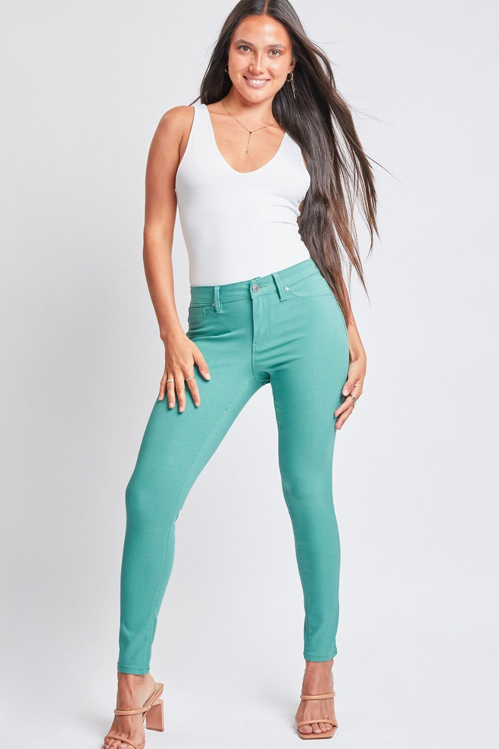 Morgan Hyperstretch Mid-Rise Skinny Pants in Sea Green