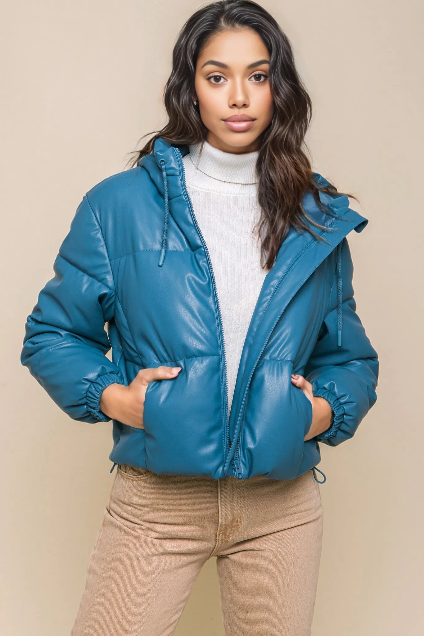 Mary Jane Faux Leather Zipper Hooded Puffer Jacket