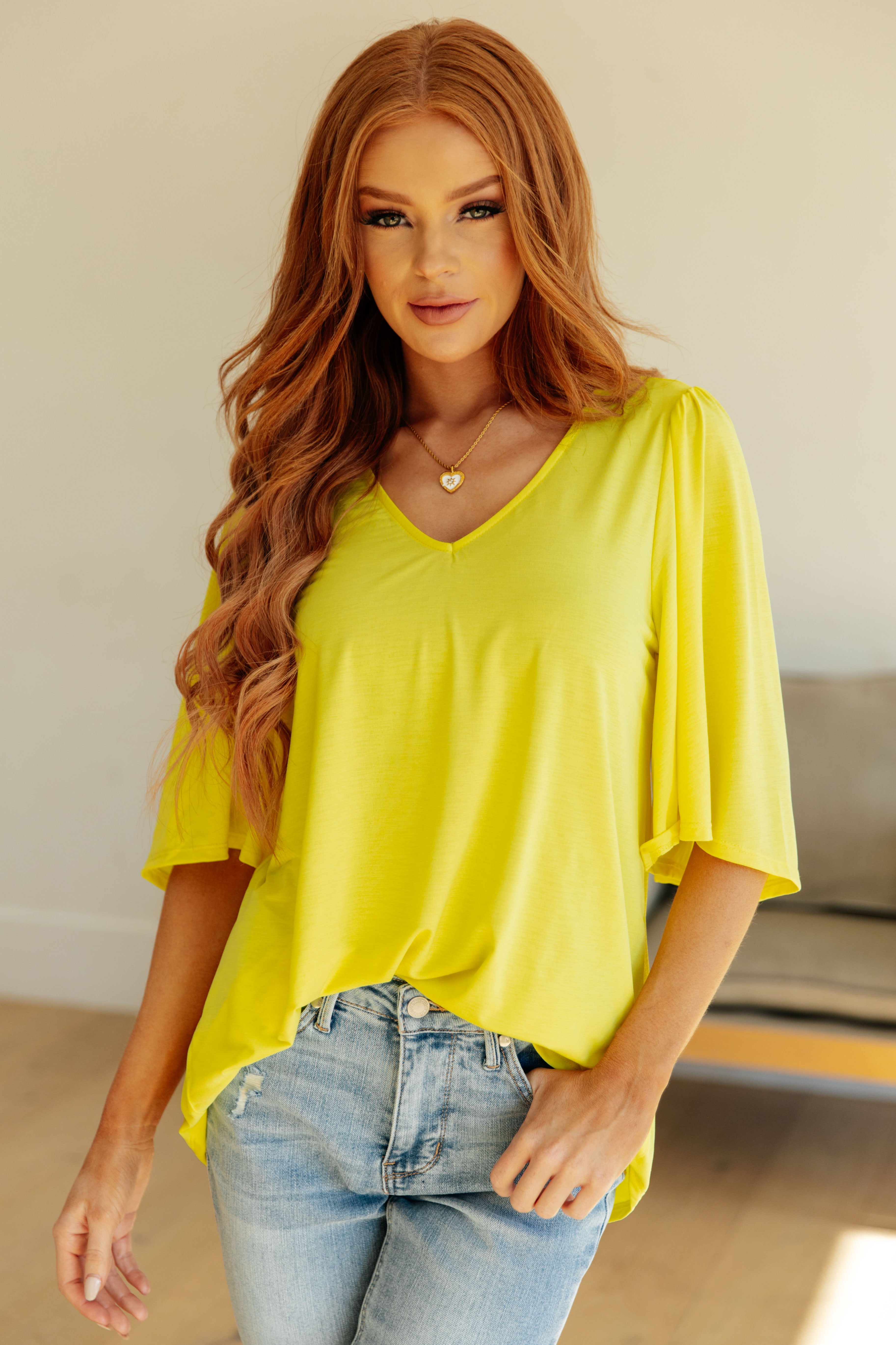 Cali V-Neck Blouse in Neon Yellow