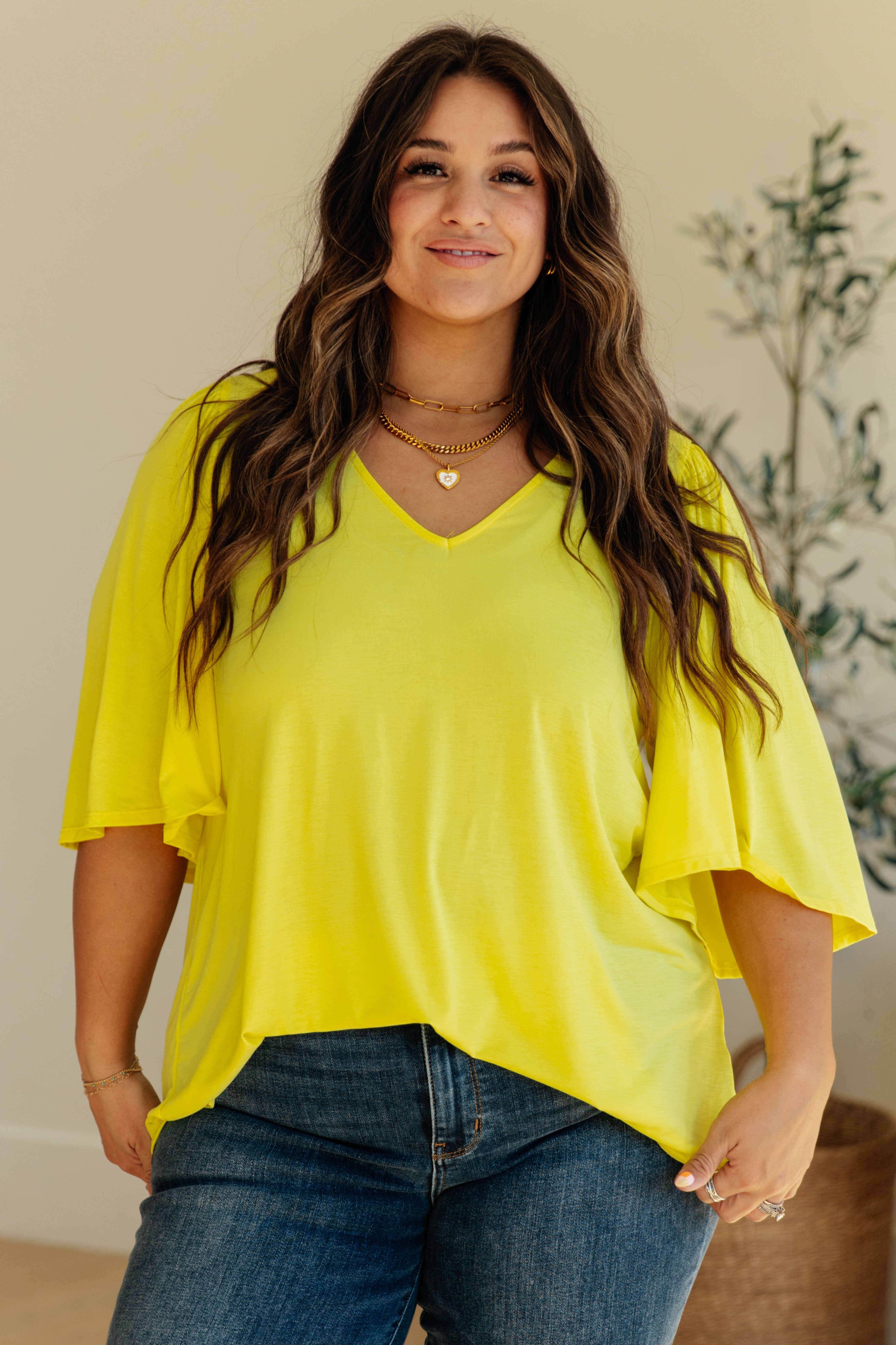 Cali V-Neck Blouse in Neon Yellow